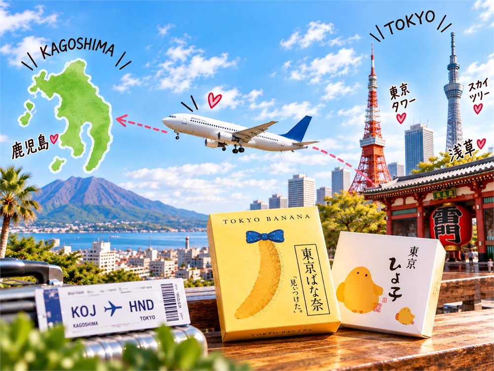 鹿児島と東京を結ぶ飛行機と東京土産を描いたCandyブログのメイン画像